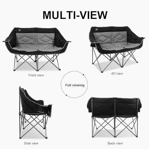 Northroad Black & Grey Folding Loveseat Camping Chair for 2 with Cup & Wine Glass Holders