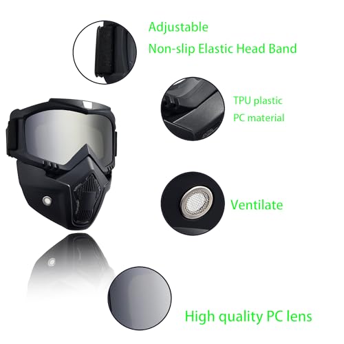 Silver Motorcycle Helmet Goggles with Removable Face Mask - Anti Fog Riding Eyewear