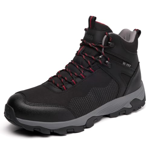Men's Waterproof Hiking Boots - Lightweight Breathable Outdoor Shoes, Black Red, Size 7