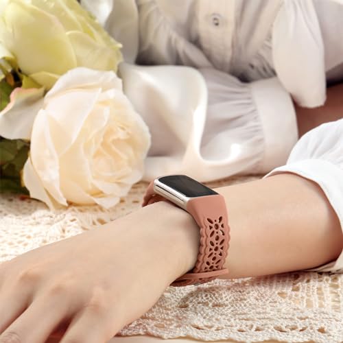 Maledan Floral Lace Silicone Sport Watch Band for Fitbit Charge 5/6 - Green/Purple/Brown, 5.5-8.2 Inch Wrist