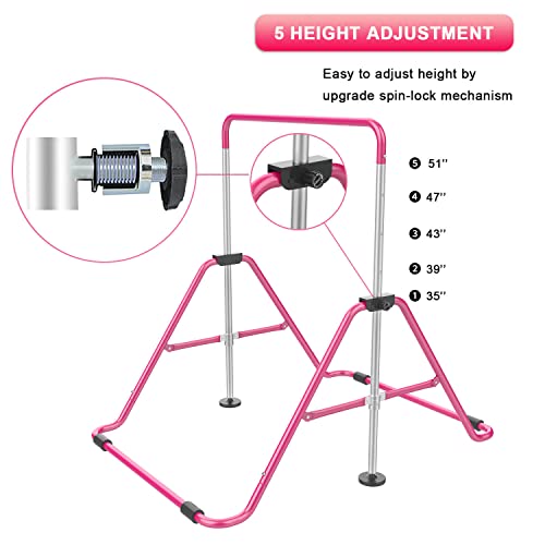 Pink Adjustable Kids Gymnastics Bar for Home, Foldable & Stable Training Equipment