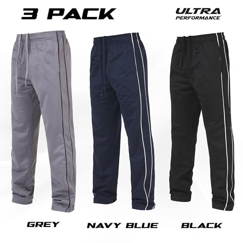 Men's Athletic Track Pants 3 Pack - Open Bottom Sweatpants, X-Large Black White & Navy