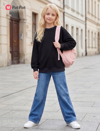 Girls Oversized Cotton Blend Sweatshirt - Lightweight Pullover, 13-14 Years, Black
