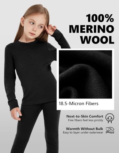 Kids Unisex Merino Wool Base Layer Set - Lightweight Thermal Underwear, Black, 11-12 Years | Woolcano