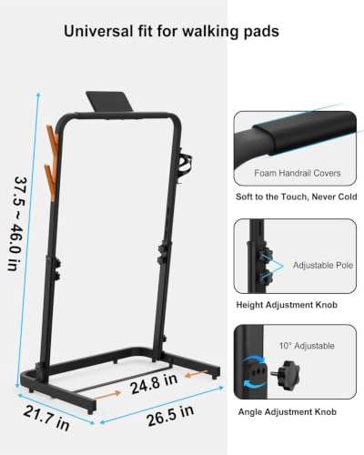 Walking Pad Handle Bar - Adjustable Foldable Treadmill Handrail with Phone & Cup Holder - Black, Large