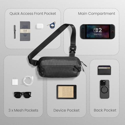 tomtoc Compact EDC Sling Bag 3L-10L with iPad Mini Fit - Black X-Pac Recycled Polyester
