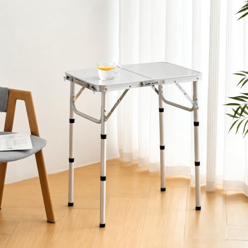 Portable Aluminum Camping Table - Small Foldable Picnic & Travel Desk, Silver & Sage Gray, 24 x 16 Inches, Adjustable Height