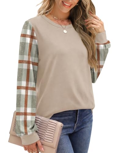 OFEEFAN Women's Color Block Crewneck Sweatshirt Large - Plaid Fall Top