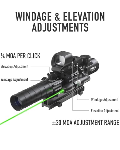 Pinty 3-9x32 4-in-1 Tactical Rifle Scope Set with Red-Green Dot & Green Laser