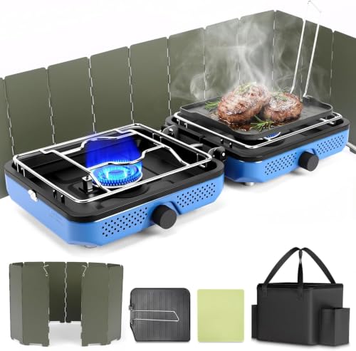 Hisencn Sky Blue Double Burner Camping Stove with Windscreen & Accessories
