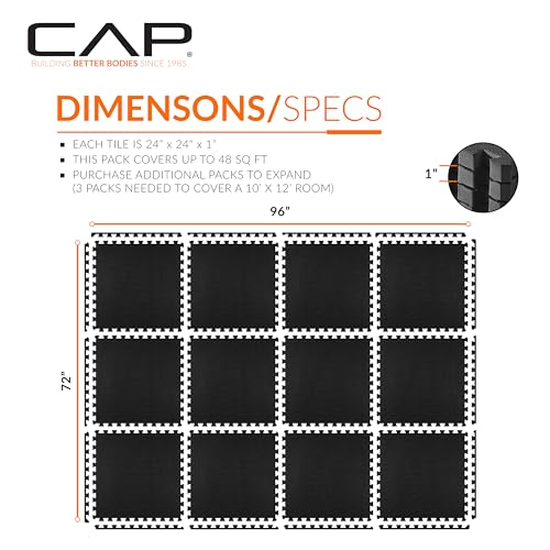 CAP 24-Inch Interlocking EVA Foam Puzzle Exercise Mat - 12 Tiles, Black, 48 sq ft