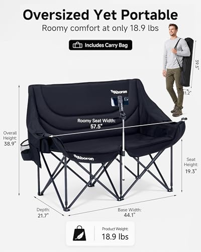 Black Double Camping Chair for Adults - 2 Person Oversized Folding Loveseat