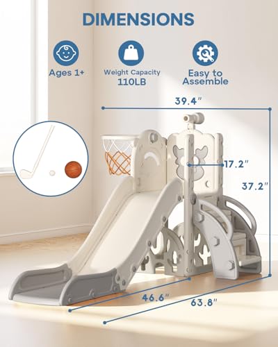 BIERUM 6-in-1 Toddler Playground Slide Set with Basketball Hoop & Telescope, White & Gray