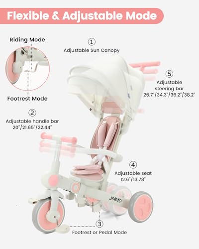 Pink 7-in-1 Foldable Toddler Tricycle for Ages 1-5 with Adjustable Features