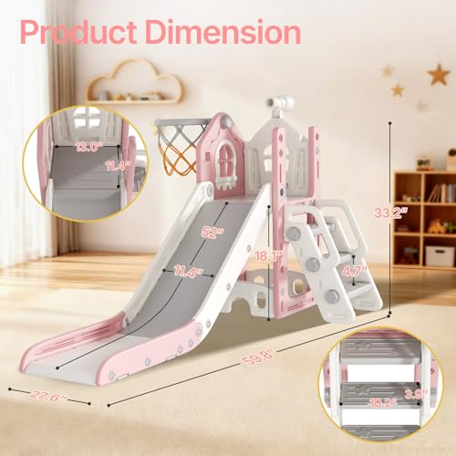 BIERUM 6-in-1 Toddler Indoor Playset & Slide - Pink, Safety Certified for Ages 1-3