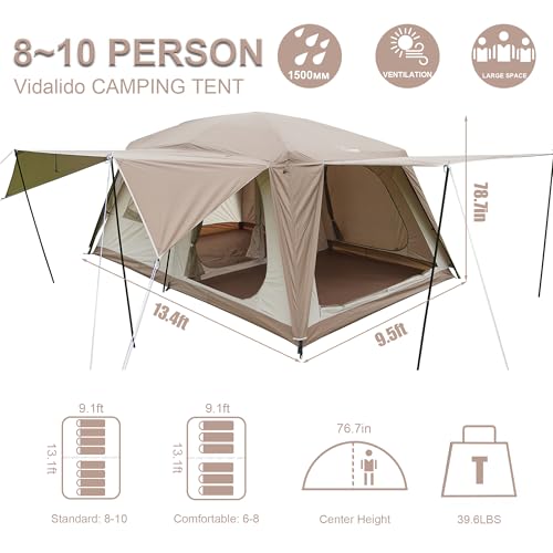 Vidalido 8-10 Person Camping Tent with 3 Doors, 2 Rooms - Light Brown