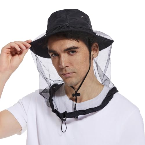 Sun Protection Mosquito Head Net Hat UPF 50+ for Men Women 7 1/2 Black