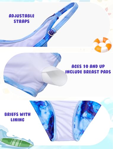 Girls Swimsuit 3 Piece Bikini Set with Mesh Cover Up Pants - Light Blue Marble, 15-16 Years