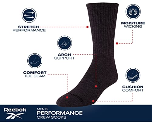 Reebok Mens Crew Socks - Moisture Wicking Athletic Cushioned Socks 6-12.5 Grey/Black
