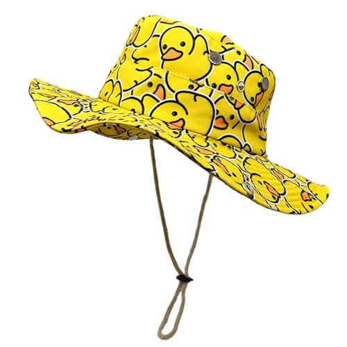 Sun Bucket Hat for Men Women - Yellow Duck Pattern, UV Protection, Foldable Cowboy Style