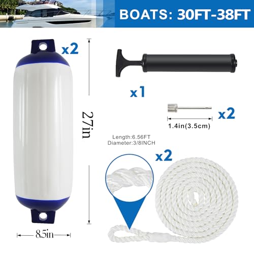 YLVERX 8.5x27 Inch Heavy Duty Boat Fenders with Ropes – Saltwater Resistant Marine Bumpers for Docking & Yacht Protection Set of 2