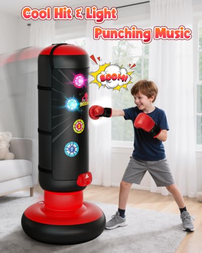 Kids Inflatable Punching Bag Set with Lights, Music & Glove - Red