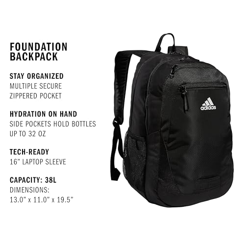 adidas Foundation School Backpack 38L - Black/White, Fits 16-Inch Laptop, Water Bottle Pockets, Ample Storage