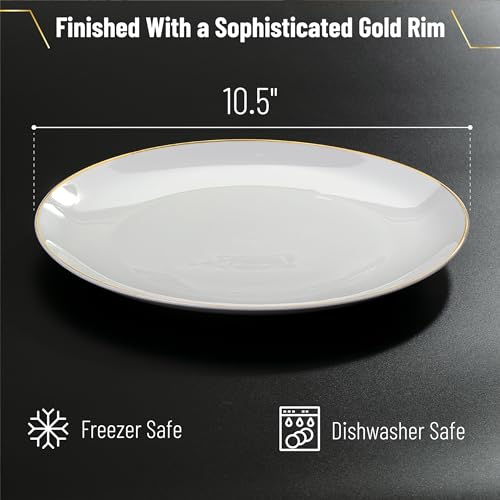 White Porcelain Dinner Plates Set of 12 - 10.5 inch Gold Rimmed, Classic Style