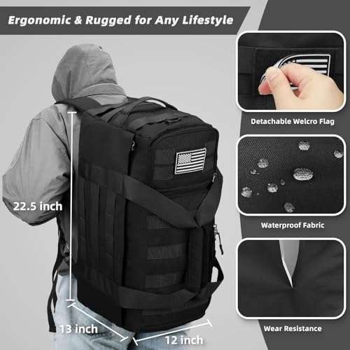 ZOMFELT 3-in-1 Large Gym Duffle Bag Black 65L Travel & Tactical Bag