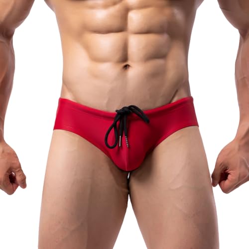 Men's Solid Swim Briefs with Drawstring - Large Red Bikini Swimwear