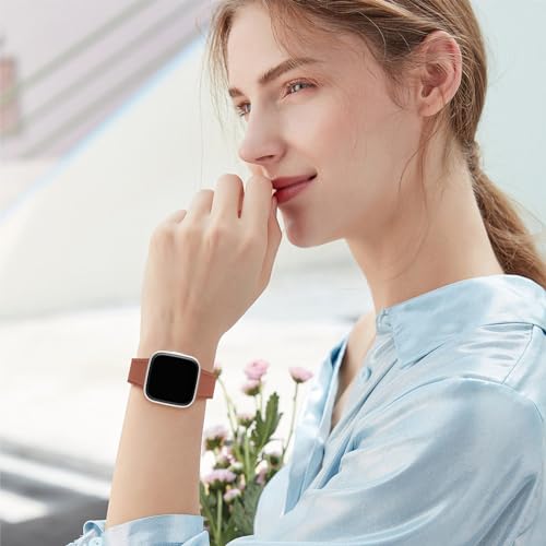 Leather Watch Band for Fitbit Versa - Brown Genuine Top Grain Strap with Silver Buckle - Variation of Brown Band + Silver Buckle