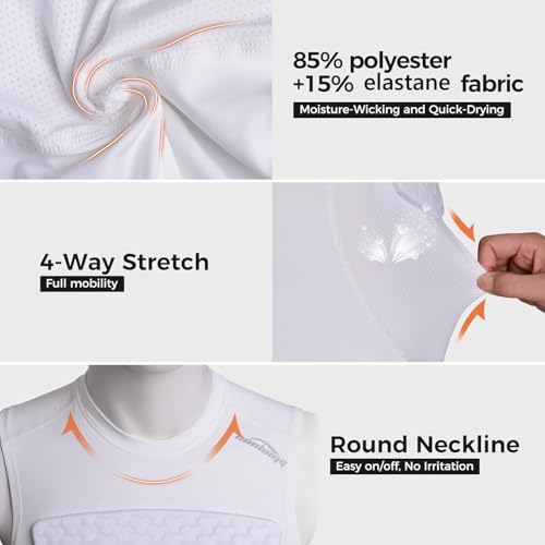 Youth Padded Football Shirt Chest Rib Protector - White, Medium, 4 Pads