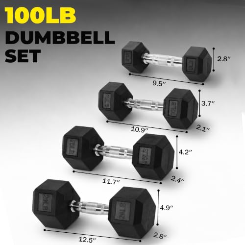 Hulkfit 100lb Rubber Coated Hex Dumbbell Set - Home Gym Weights for Full-Body Training