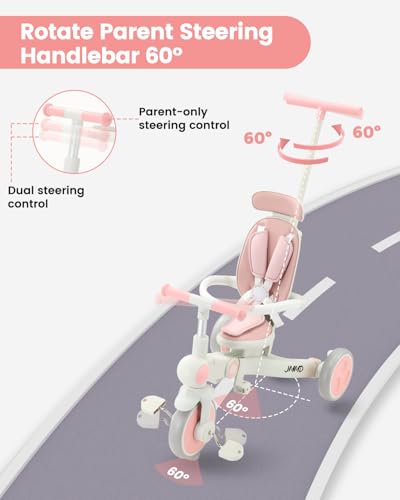 Pink 7-in-1 Foldable Toddler Tricycle for Ages 1-5 with Adjustable Features