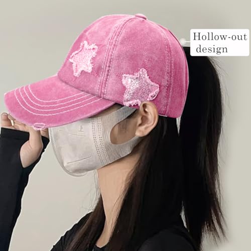 Pink Messy Bun Ponytail Baseball Cap for Women - Washed Cotton Hat