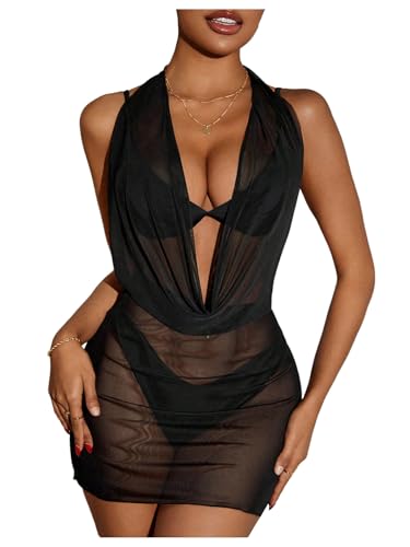 Women's Sheer Mesh Beach Cover Up Dress - Halter Style