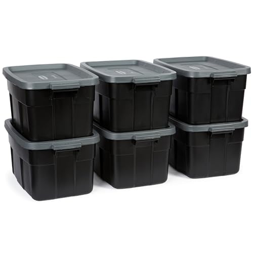 Rubbermaid Heavy Duty 14 GAL Black Storage Bins with Lids - 6 Pack, Stackable, Durable Plastic Totes for Multipurpose Use