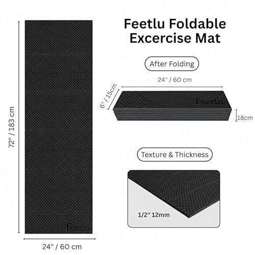 Feetlu Foldable Yoga Mat 72x24 Inches, 6/8/10/12mm Thickness, Black, Home Workout