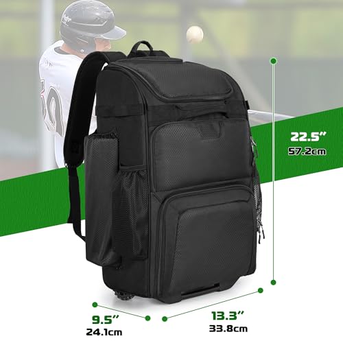 Rolling Baseball Backpack with Wheels & Multiple Compartments - Holds 4 Bats