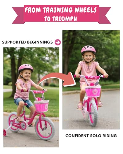 14 Inch Girls Princess Bike with Training Wheels - Pink Sparkling Design, Adjustable for Ages 3-8