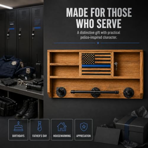 GUTE Police Wall Mounted Tactical Gear Rack with Blue American Flag & Lock - Law Enforcement Organizer