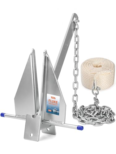 13 LB Fluke Anchor Kit with 100 FT Nylon Rope for 20-32 FT Boats - Heavy-Duty Marine Anchoring