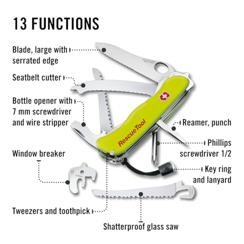 Victorinox Rescue Tool Swiss Army Knife - 13 Functions, Fluorescent Yellow, Old Packaging