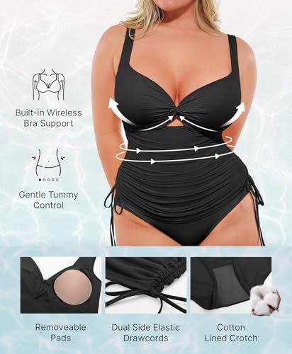 SHAPELLX Black X-Large Tummy Control One-Piece Swimsuit with Mesh Wrap Skirt - Swim Dress