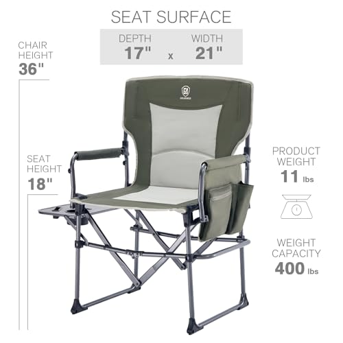 Portable Camping Directors Chair with Side Table & Pocket - Heavy Duty Support 400lbs - Green 2 Pack