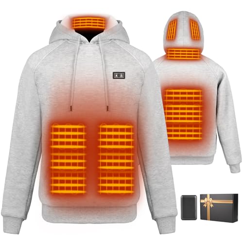 X-Large Gray Heated Hoodie for Men Women with 16000mAh Battery Pack, 6 Heating Zones