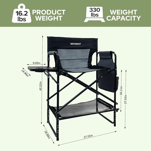 WKFAMOUT 27-Inch Tall Oversized Folding Camping Chair with Side Table, Heavy Duty Support 330LBS, Black/Grey, Seat Height 27"
