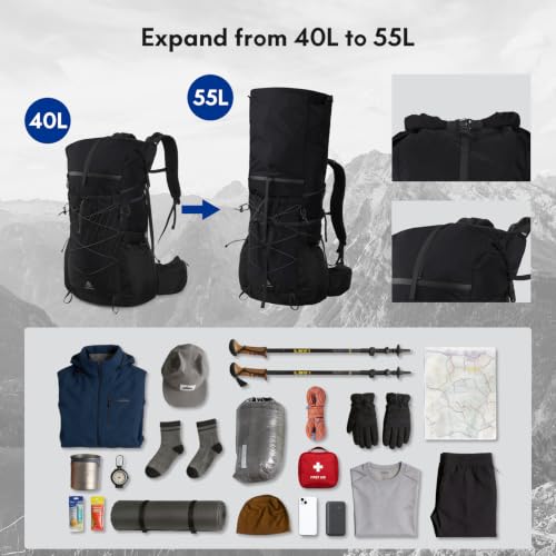 Haimont 40L+15L Roll-Top Backpacking Pack with Rain Cover - Black