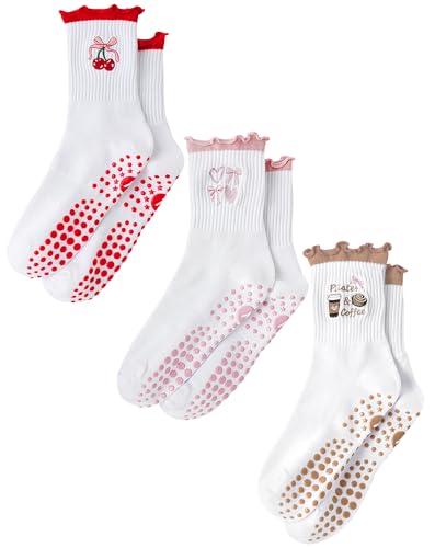 Cute Ruffle Pilates Grip Socks - Non Slip Crew Socks for Women, 3 Pack in Red Pink Brown - One Size
