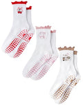 Cute Ruffle Pilates Grip Socks - Non Slip Crew Socks for Women, 3 Pack in Red Pink Brown - One Size